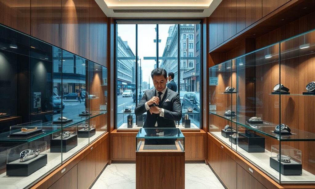 時計店内で腕時計を試着する人物の生成イメージ。札幌の実店舗を撮影した写真ではありません