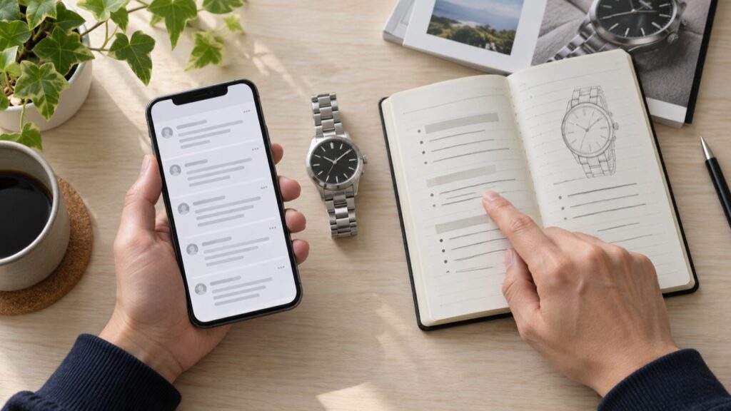腕時計の候補とスマートフォンの情報を机で見比べるイメージ