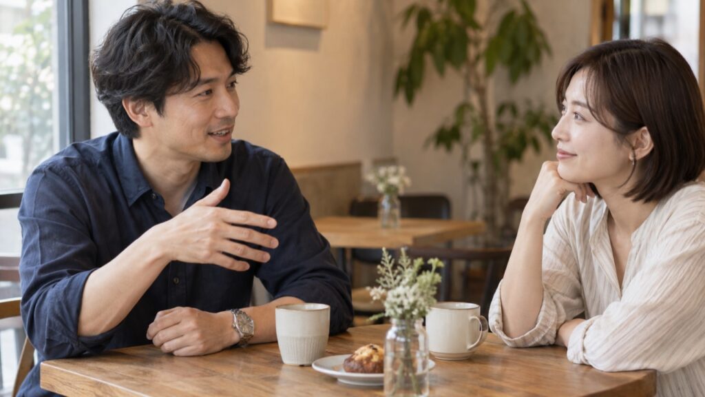 腕時計を着けた人と向かい合い穏やかに話す二人