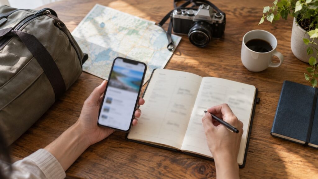 スマートフォンと手帳で見学予約と移動の準備をする手元の生成イメージ