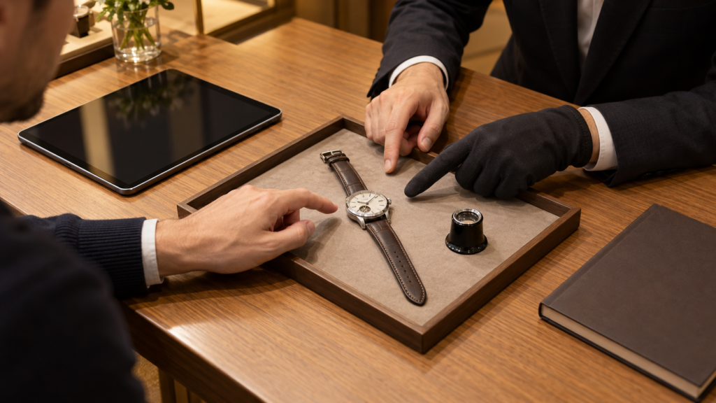 時計と資料を見ながら購入条件を確認する相談のイメージ