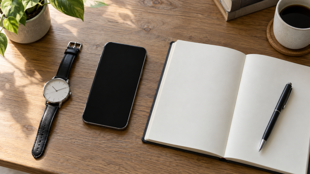 腕時計とスマートフォンとノートを並べて時刻を記録するイメージ