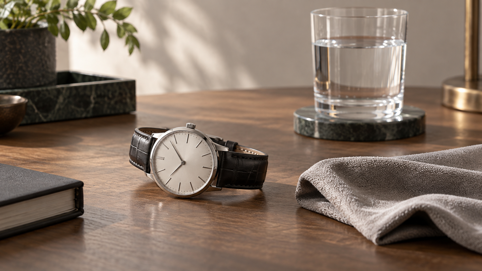 乾いた机の上に置かれた腕時計と柔らかい布