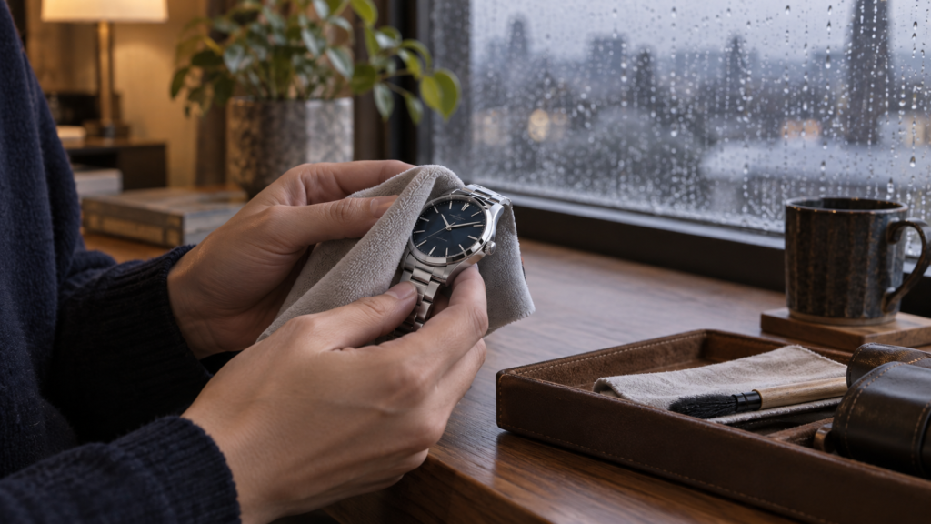 雨の日に外した腕時計を柔らかい布で拭くイメージ