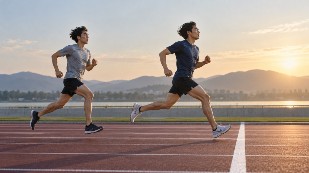 同じ到達線へ向かう2人のランナーを比較計測するイメージ