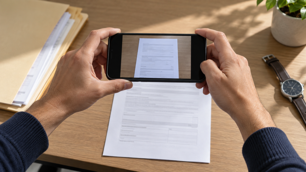 紙の購入書類をスマートフォンで撮影して整理するイメージ