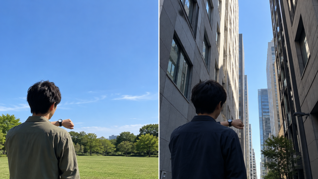 空が広く見える公園とビルに囲まれた場所を比較した受信環境のイメージ